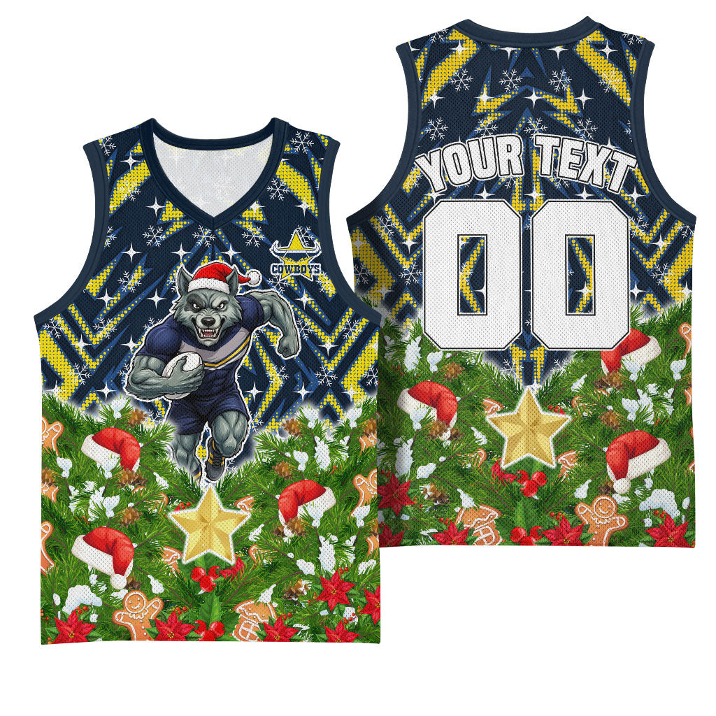 Personalised Cowboys Rugby Christmas Basketball Jersey Santa Rugby Mascot - Pine Wreath Festive