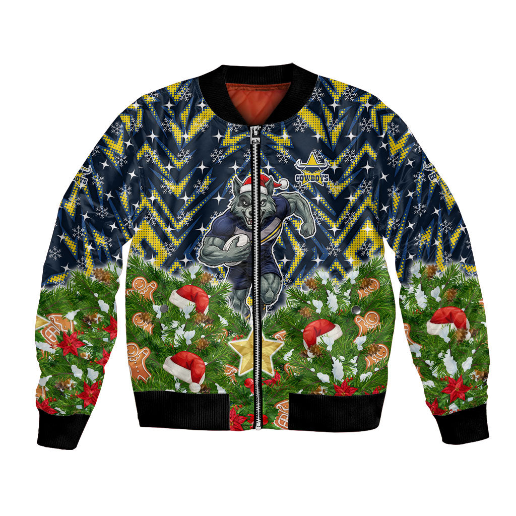 Personalised Cowboys Rugby Christmas Bomber Jacket Santa Rugby Mascot - Pine Wreath Festive