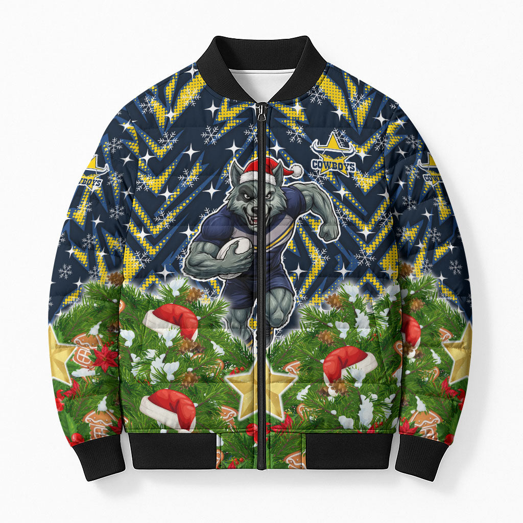 Personalised Cowboys Rugby Christmas Bomber Puffer Jacket Santa Rugby Mascot - Pine Wreath Festive