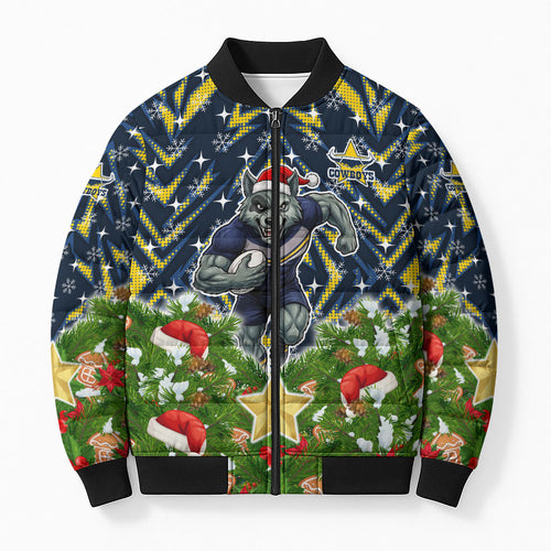 Personalised Cowboys Rugby Christmas Bomber Puffer Jacket Santa Rugby Mascot - Pine Wreath Festive