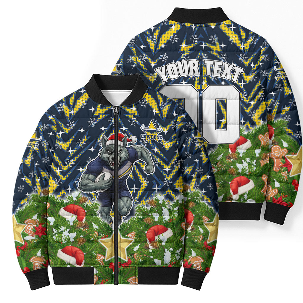 Personalised Cowboys Rugby Christmas Bomber Puffer Jacket Santa Rugby Mascot - Pine Wreath Festive