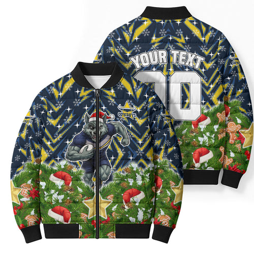 Personalised Cowboys Rugby Christmas Bomber Puffer Jacket Santa Rugby Mascot - Pine Wreath Festive