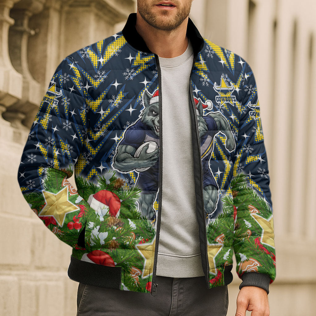 Personalised Cowboys Rugby Christmas Bomber Puffer Jacket Santa Rugby Mascot - Pine Wreath Festive
