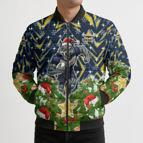 Personalised Cowboys Rugby Christmas Bomber Puffer Jacket Santa Rugby Mascot - Pine Wreath Festive