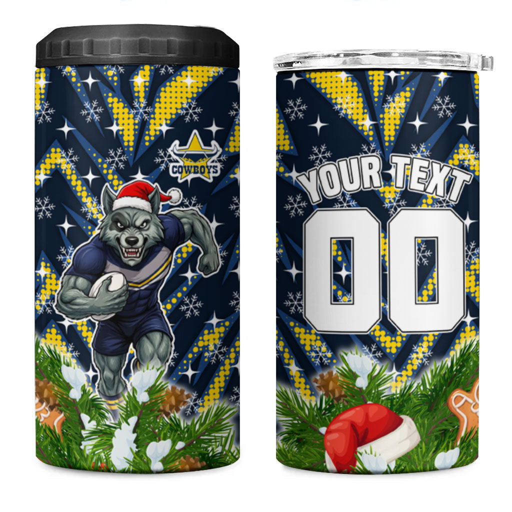 Personalised Cowboys Rugby Christmas 4 in 1 Can Cooler Tumbler Santa Rugby Mascot - Pine Wreath Festive