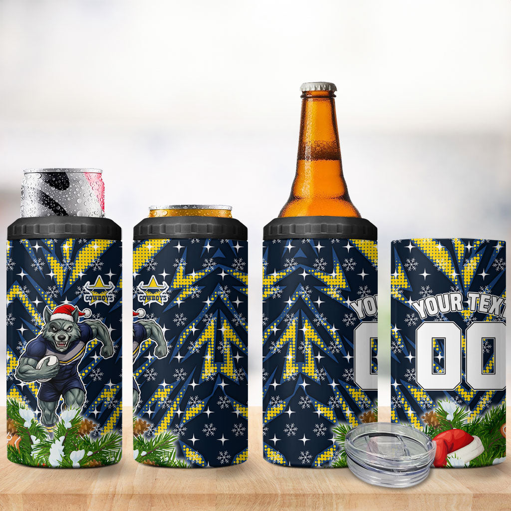 Personalised Cowboys Rugby Christmas 4 in 1 Can Cooler Tumbler Santa Rugby Mascot - Pine Wreath Festive