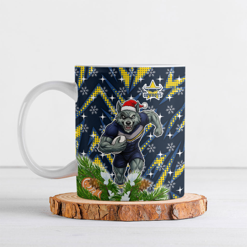 Personalised Cowboys Rugby Christmas Ceramic Mug Santa Rugby Mascot - Pine Wreath Festive