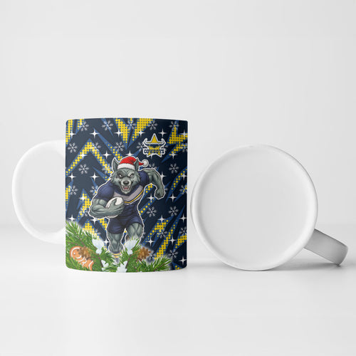 Personalised Cowboys Rugby Christmas Ceramic Mug Santa Rugby Mascot - Pine Wreath Festive