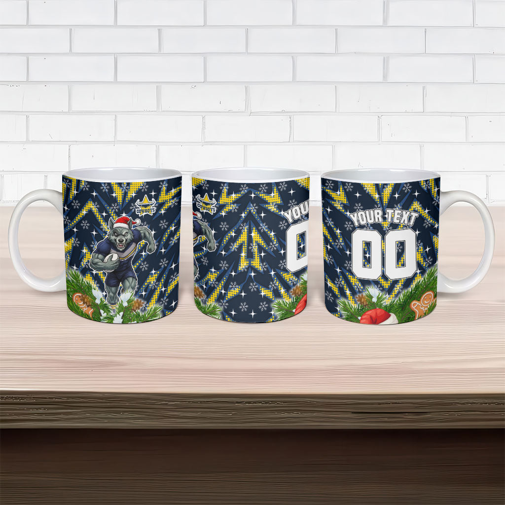 Personalised Cowboys Rugby Christmas Ceramic Mug Santa Rugby Mascot - Pine Wreath Festive