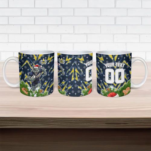 Personalised Cowboys Rugby Christmas Ceramic Mug Santa Rugby Mascot - Pine Wreath Festive