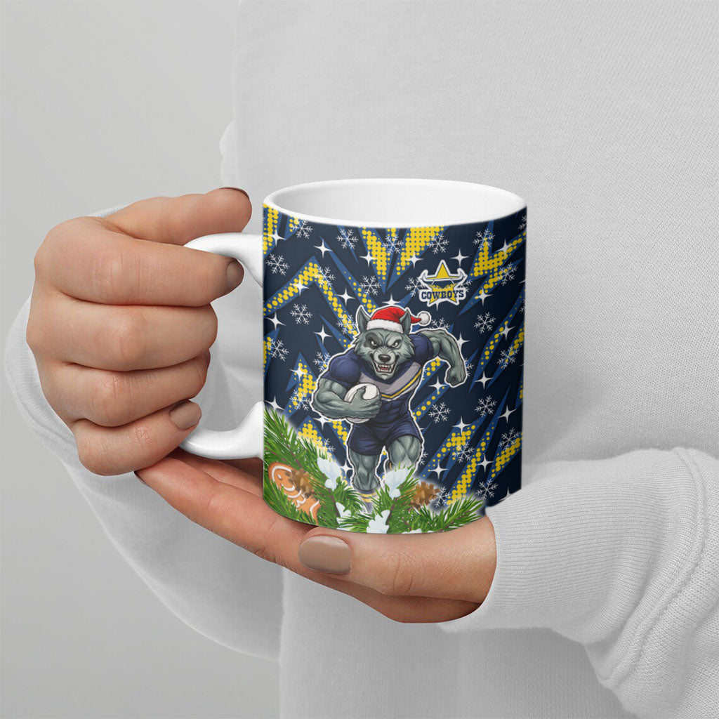 Personalised Cowboys Rugby Christmas Ceramic Mug Santa Rugby Mascot - Pine Wreath Festive