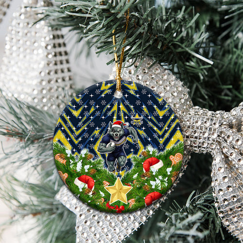 Cowboys Rugby Christmas Ceramic Ornament Santa Rugby Mascot - Pine Wreath Festive