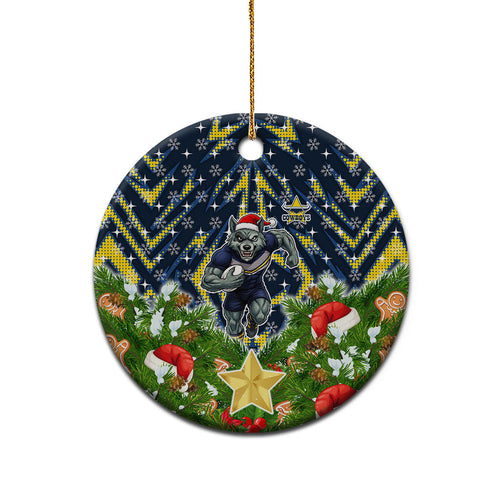 Cowboys Rugby Christmas Ceramic Ornament Santa Rugby Mascot - Pine Wreath Festive