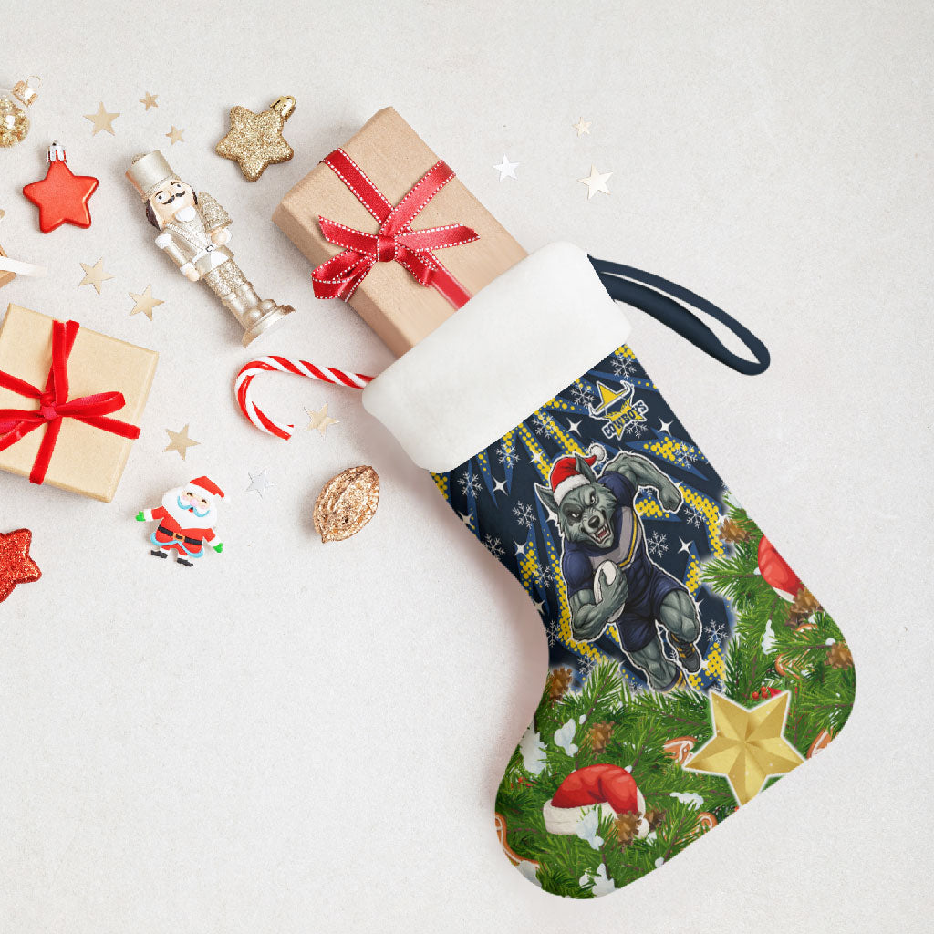Cowboys Rugby Christmas Stocking Santa Rugby Mascot - Pine Wreath Festive