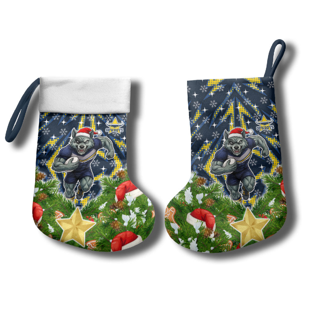 Cowboys Rugby Christmas Stocking Santa Rugby Mascot - Pine Wreath Festive