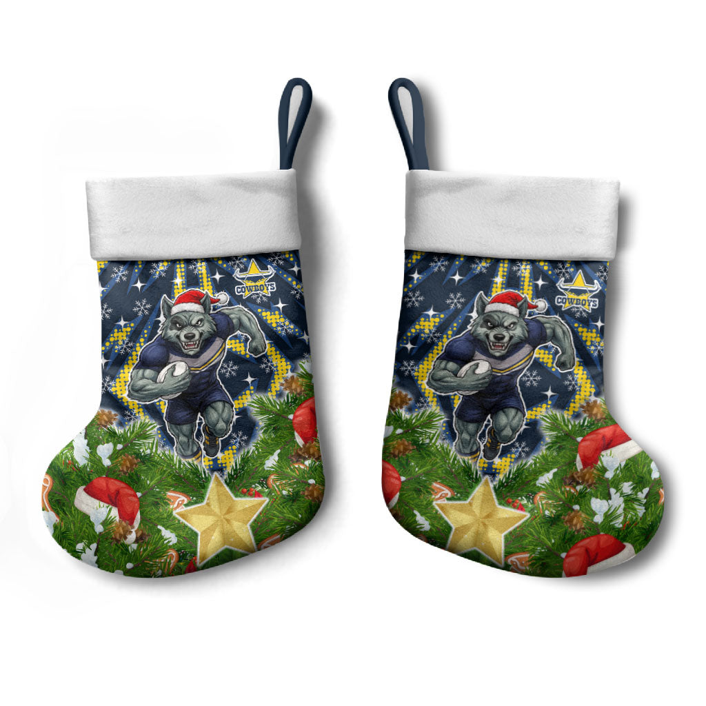 Cowboys Rugby Christmas Stocking Santa Rugby Mascot - Pine Wreath Festive