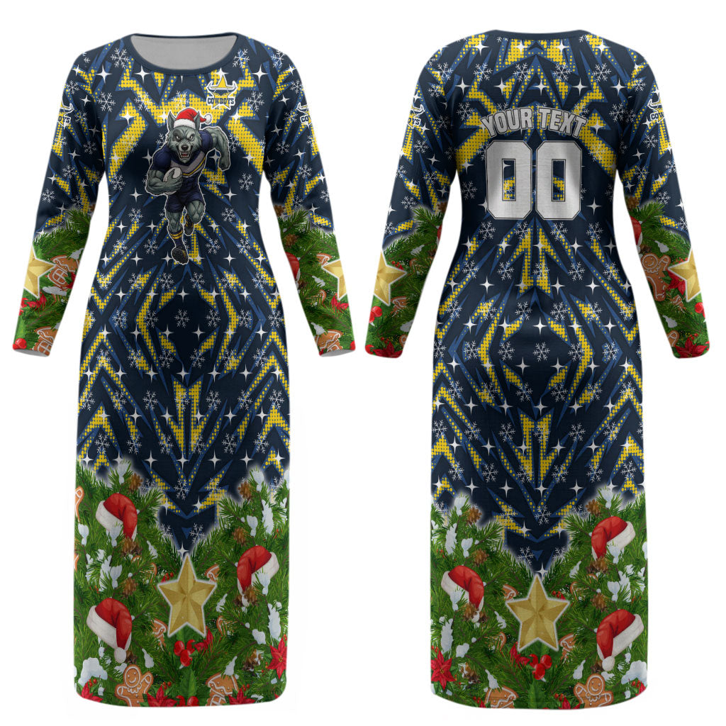 Personalised Cowboys Rugby Christmas Couples Matching Long Sleeve Bodycon Dress and Long Sleeve Button Shirt Santa Rugby Mascot - Pine Wreath Festive