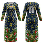 Personalised Cowboys Rugby Christmas Couples Matching Long Sleeve Bodycon Dress and Long Sleeve Button Shirt Santa Rugby Mascot - Pine Wreath Festive