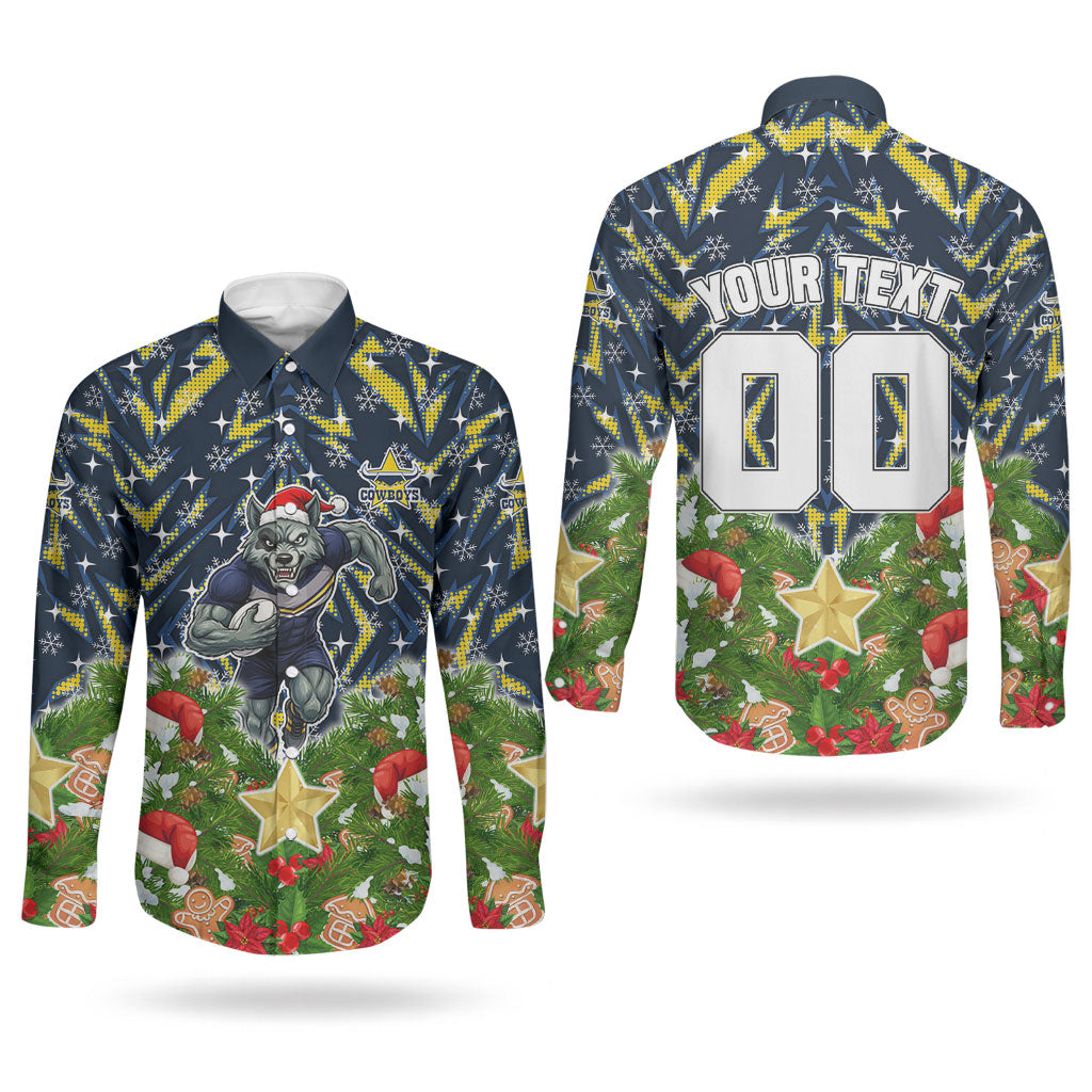 Personalised Cowboys Rugby Christmas Couples Matching Mermaid Dress and Long Sleeve Button Shirt Santa Rugby Mascot - Pine Wreath Festive