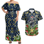 Personalised Cowboys Rugby Christmas Couples Matching Off Shoulder Maxi Dress and Hawaiian Shirt Santa Rugby Mascot - Pine Wreath Festive