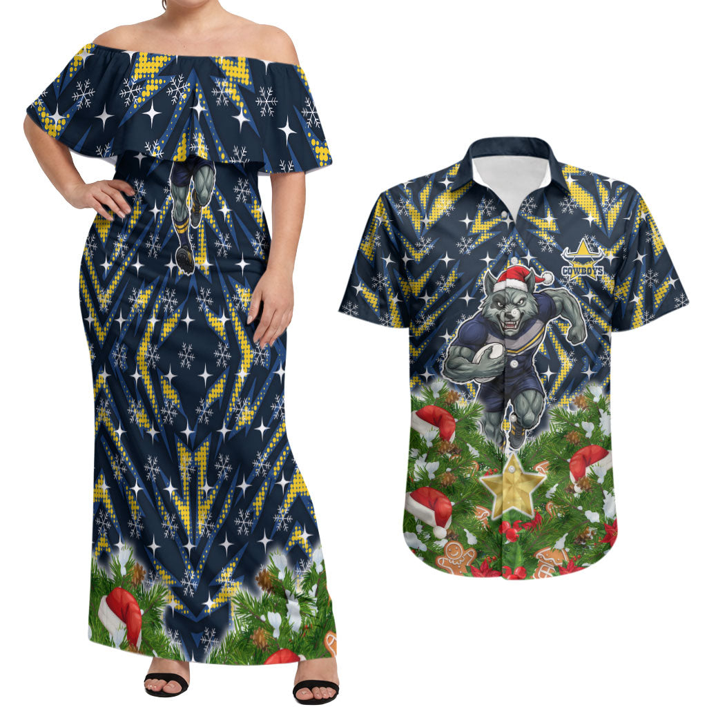 Personalised Cowboys Rugby Christmas Couples Matching Off Shoulder Maxi Dress and Hawaiian Shirt Santa Rugby Mascot - Pine Wreath Festive