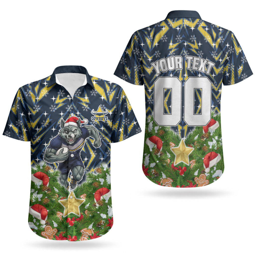 Personalised Cowboys Rugby Christmas Couples Matching Off Shoulder Maxi Dress and Hawaiian Shirt Santa Rugby Mascot - Pine Wreath Festive