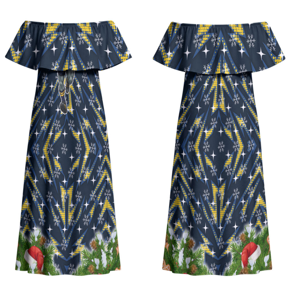 Personalised Cowboys Rugby Christmas Couples Matching Off Shoulder Maxi Dress and Hawaiian Shirt Santa Rugby Mascot - Pine Wreath Festive