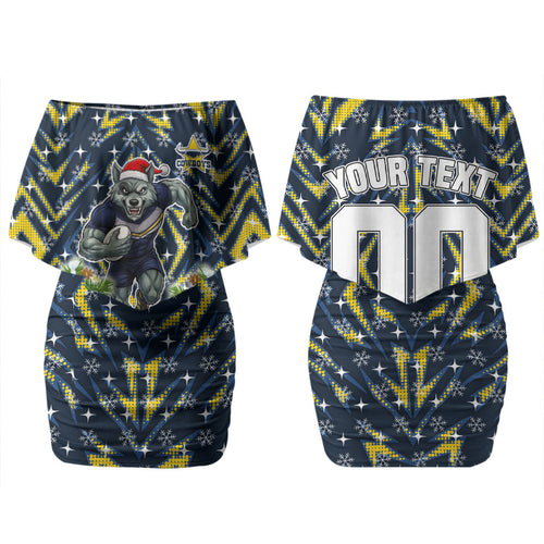 Personalised Cowboys Rugby Christmas Couples Matching Off Shoulder Short Dress and Long Sleeve Button Shirt Santa Rugby Mascot - Pine Wreath Festive