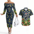 Personalised Cowboys Rugby Christmas Couples Matching Off The Shoulder Long Sleeve Dress and Hawaiian Shirt Santa Rugby Mascot - Pine Wreath Festive