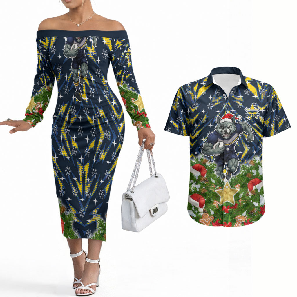 Personalised Cowboys Rugby Christmas Couples Matching Off The Shoulder Long Sleeve Dress and Hawaiian Shirt Santa Rugby Mascot - Pine Wreath Festive