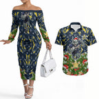Personalised Cowboys Rugby Christmas Couples Matching Off The Shoulder Long Sleeve Dress and Hawaiian Shirt Santa Rugby Mascot - Pine Wreath Festive