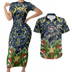 Personalised Cowboys Rugby Christmas Couples Matching Short Sleeve Bodycon Dress and Hawaiian Shirt Santa Rugby Mascot - Pine Wreath Festive