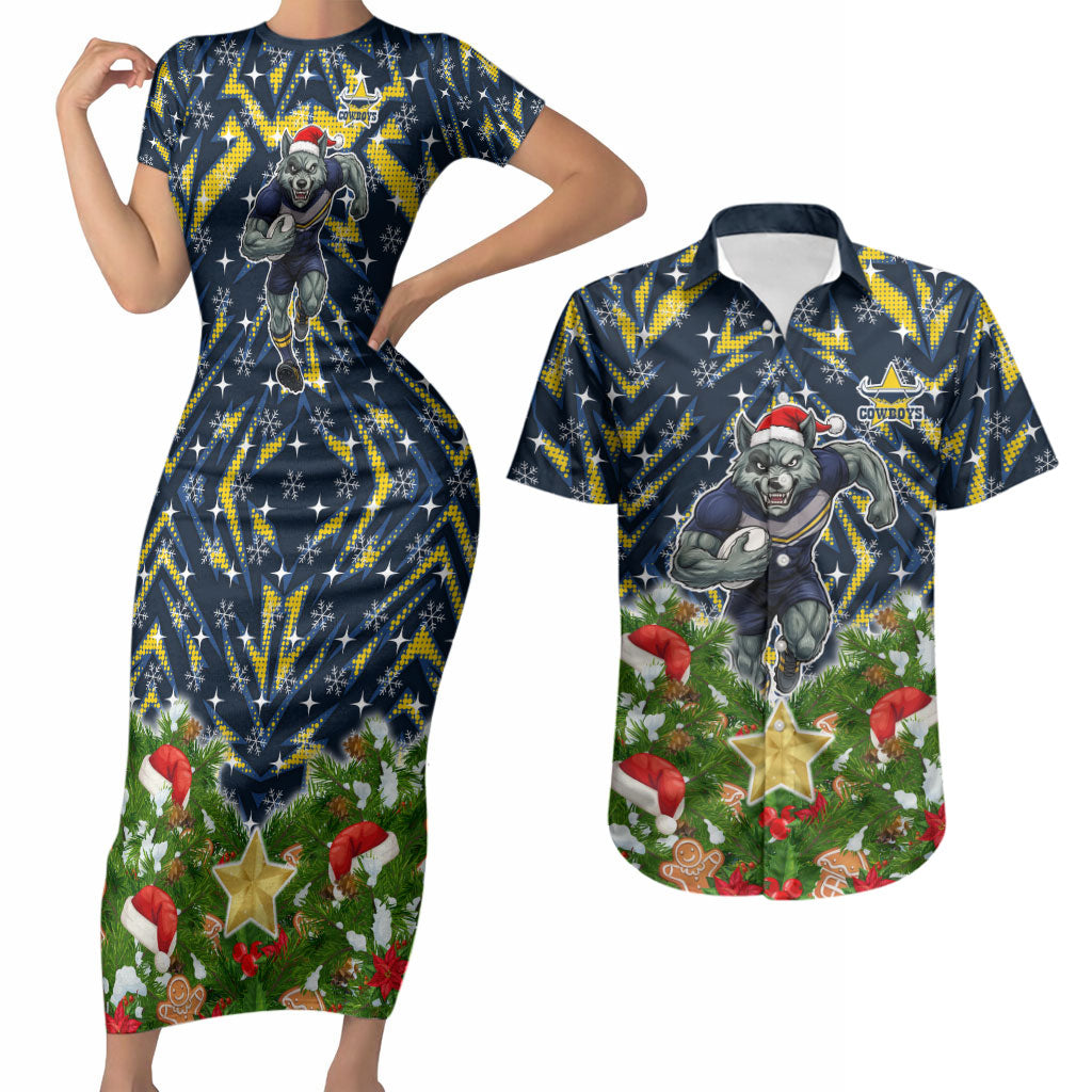 Personalised Cowboys Rugby Christmas Couples Matching Short Sleeve Bodycon Dress and Hawaiian Shirt Santa Rugby Mascot - Pine Wreath Festive