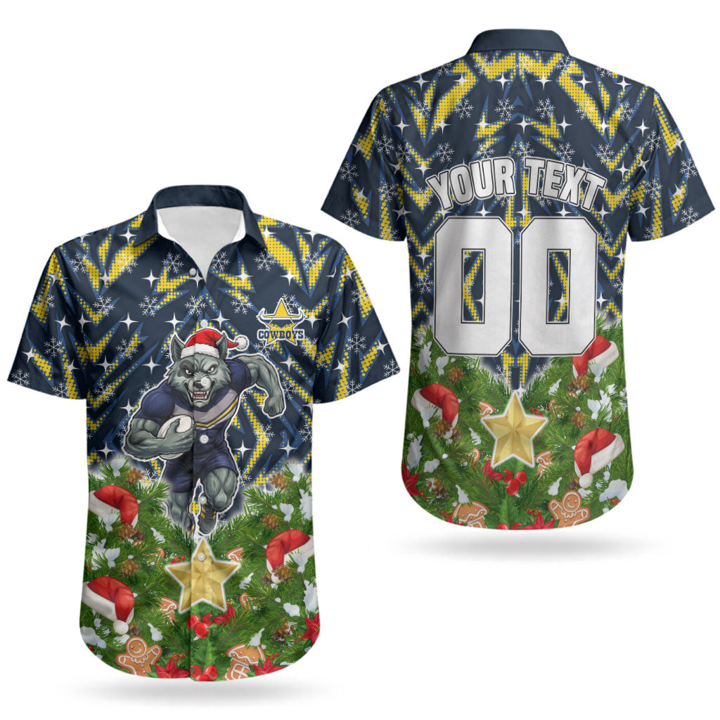 Personalised Cowboys Rugby Christmas Couples Matching Short Sleeve Bodycon Dress and Hawaiian Shirt Santa Rugby Mascot - Pine Wreath Festive