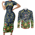 Personalised Cowboys Rugby Christmas Couples Matching Short Sleeve Bodycon Dress and Long Sleeve Button Shirt Santa Rugby Mascot - Pine Wreath Festive
