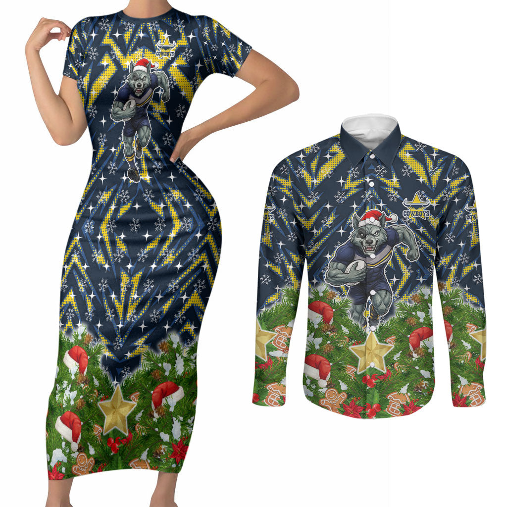 Personalised Cowboys Rugby Christmas Couples Matching Short Sleeve Bodycon Dress and Long Sleeve Button Shirt Santa Rugby Mascot - Pine Wreath Festive