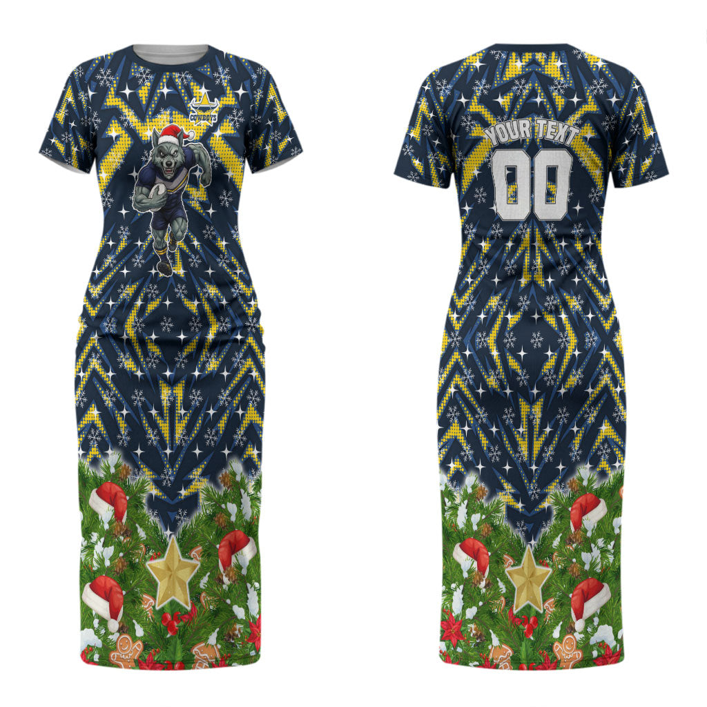 Personalised Cowboys Rugby Christmas Couples Matching Short Sleeve Bodycon Dress and Long Sleeve Button Shirt Santa Rugby Mascot - Pine Wreath Festive