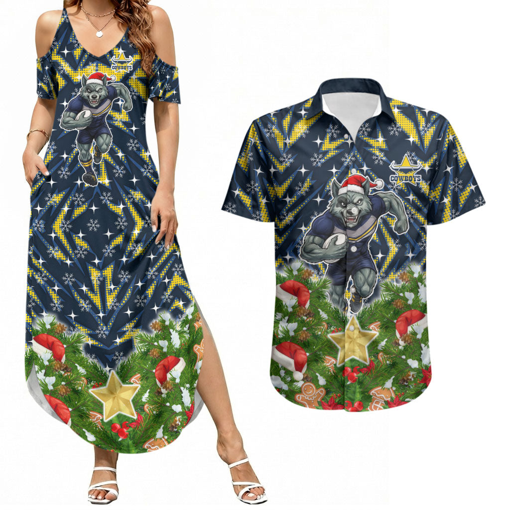 Personalised Cowboys Rugby Christmas Couples Matching Summer Maxi Dress and Hawaiian Shirt Santa Rugby Mascot - Pine Wreath Festive