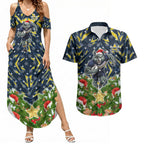 Personalised Cowboys Rugby Christmas Couples Matching Summer Maxi Dress and Hawaiian Shirt Santa Rugby Mascot - Pine Wreath Festive