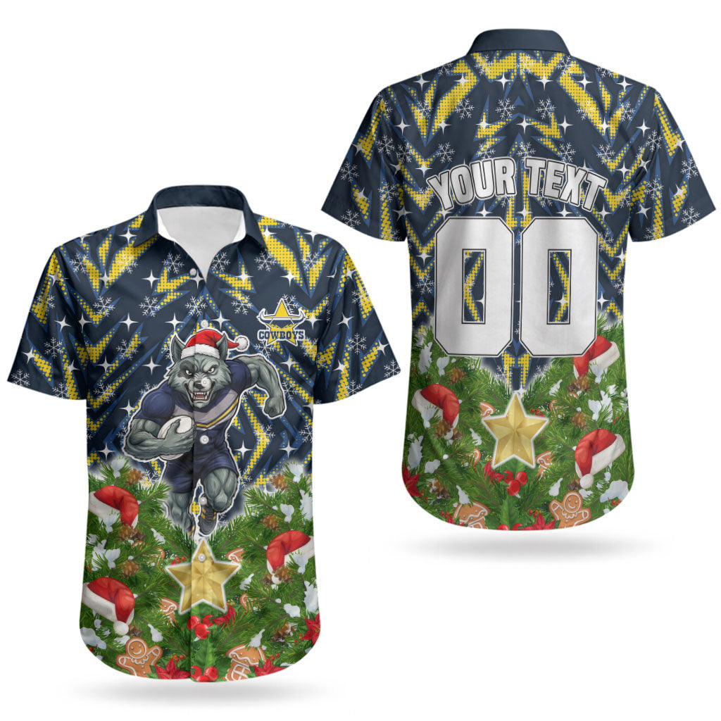 Personalised Cowboys Rugby Christmas Couples Matching Summer Maxi Dress and Hawaiian Shirt Santa Rugby Mascot - Pine Wreath Festive