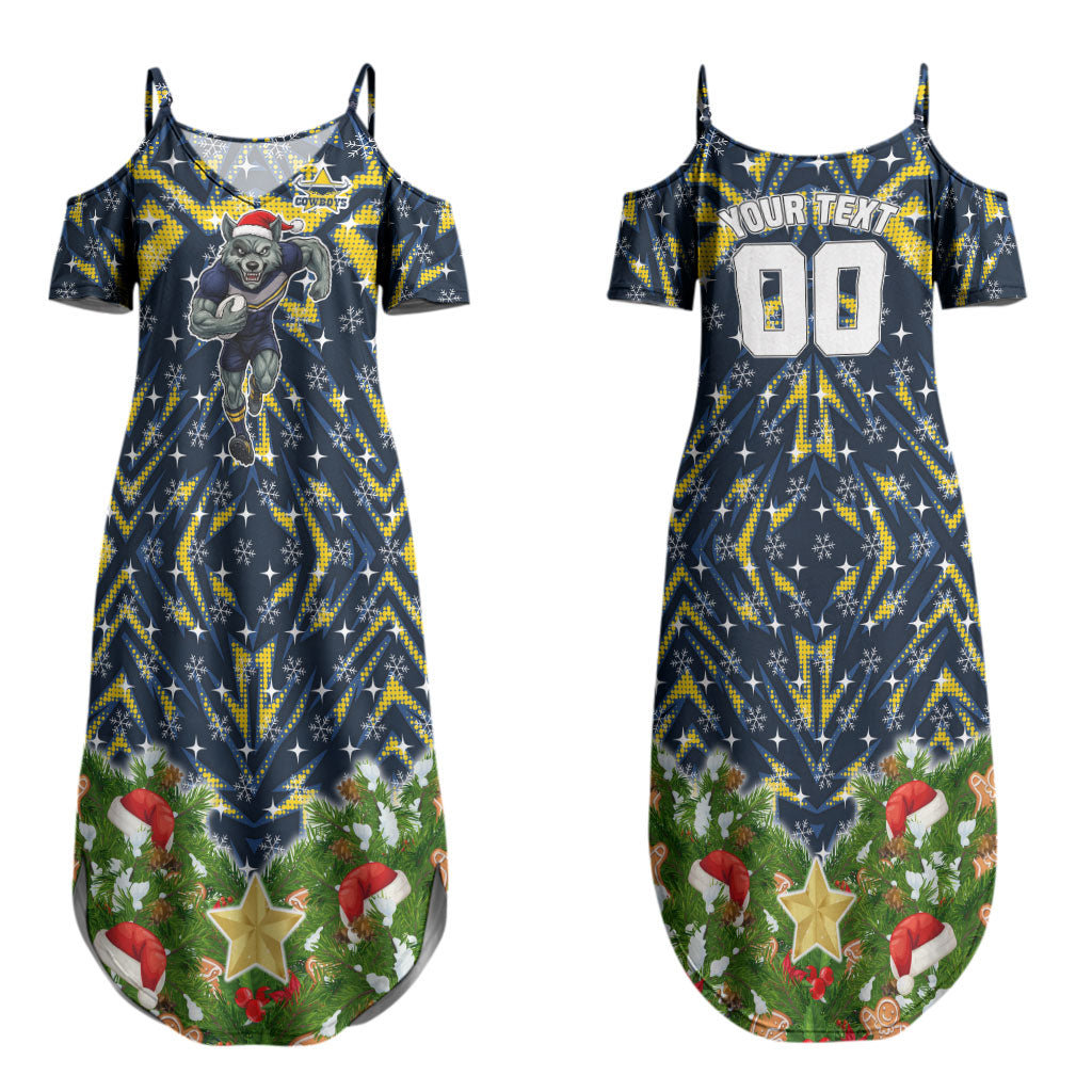 Personalised Cowboys Rugby Christmas Couples Matching Summer Maxi Dress and Hawaiian Shirt Santa Rugby Mascot - Pine Wreath Festive