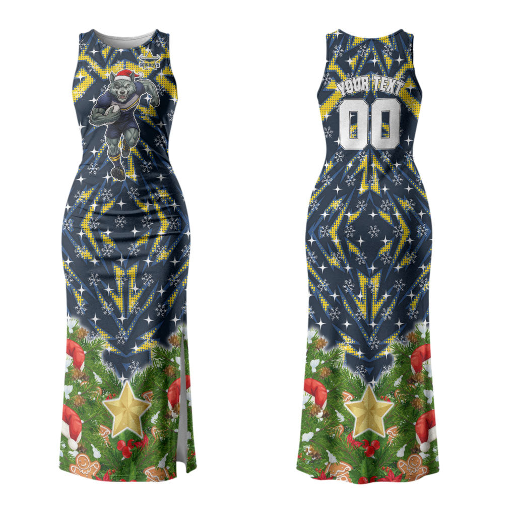 Personalised Cowboys Rugby Christmas Couples Matching Tank Maxi Dress and Hawaiian Shirt Santa Rugby Mascot - Pine Wreath Festive
