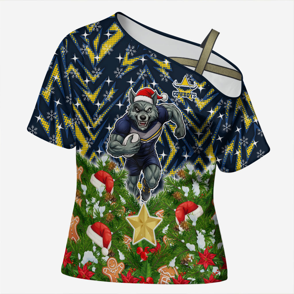Personalised Cowboys Rugby Christmas Cross Shoulder Shirt Santa Rugby Mascot - Pine Wreath Festive