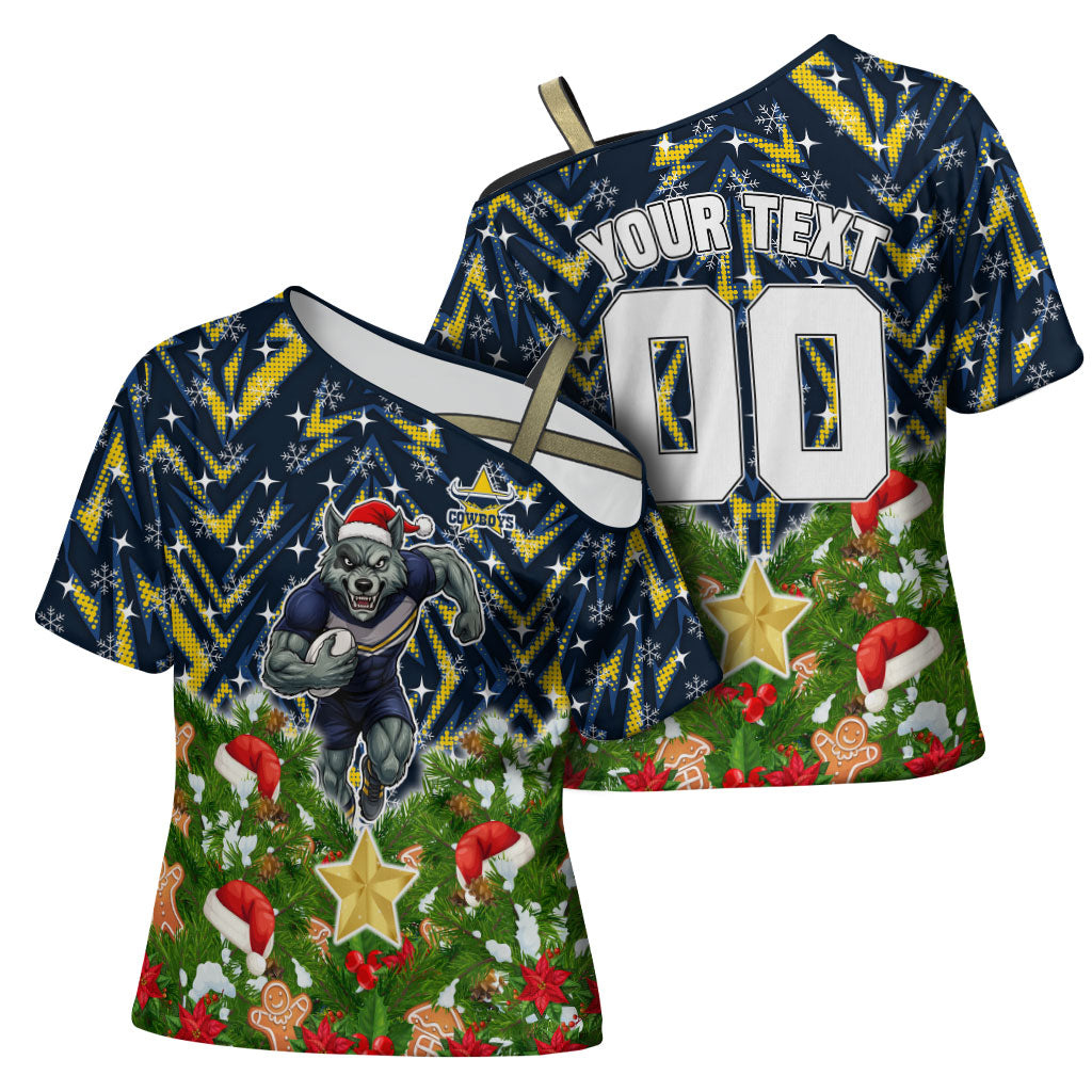 Personalised Cowboys Rugby Christmas Cross Shoulder Shirt Santa Rugby Mascot - Pine Wreath Festive