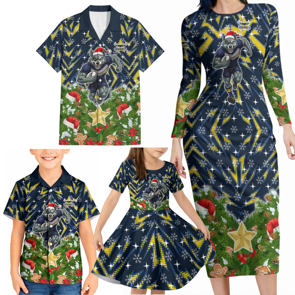 Personalised Cowboys Rugby Christmas Family Matching Long Sleeve Bodycon Dress and Hawaiian Shirt Santa Rugby Mascot - Pine Wreath Festive