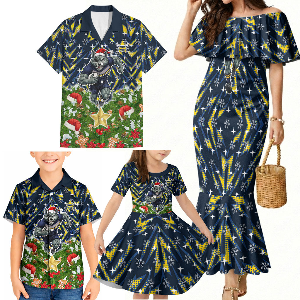 Personalised Cowboys Rugby Christmas Family Matching Mermaid Dress and Hawaiian Shirt Santa Rugby Mascot - Pine Wreath Festive