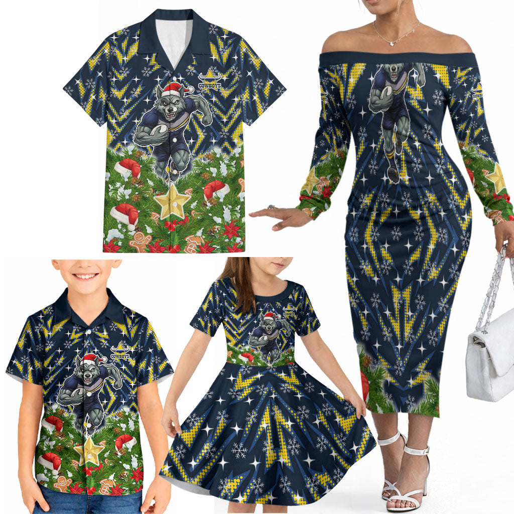Personalised Cowboys Rugby Christmas Family Matching Off The Shoulder Long Sleeve Dress and Hawaiian Shirt Santa Rugby Mascot - Pine Wreath Festive