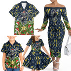 Personalised Cowboys Rugby Christmas Family Matching Off The Shoulder Long Sleeve Dress and Hawaiian Shirt Santa Rugby Mascot - Pine Wreath Festive