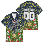 Personalised Cowboys Rugby Christmas Family Matching Off The Shoulder Long Sleeve Dress and Hawaiian Shirt Santa Rugby Mascot - Pine Wreath Festive