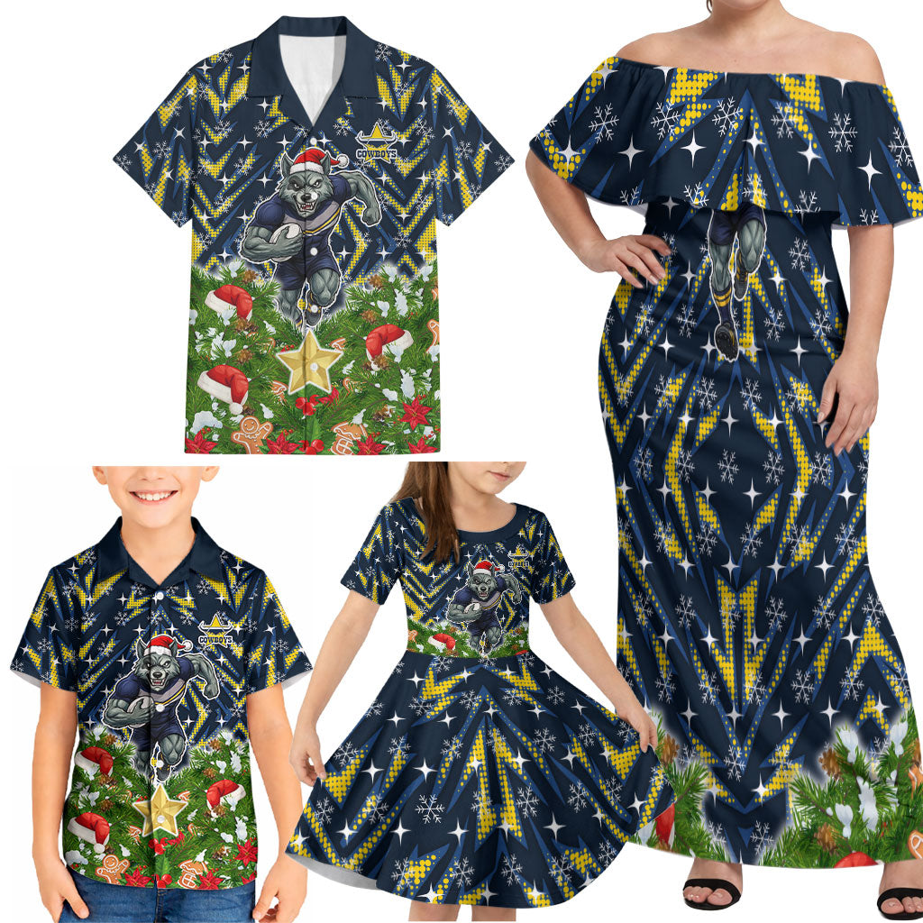 Personalised Cowboys Rugby Christmas Family Matching Off Shoulder Maxi Dress and Hawaiian Shirt Santa Rugby Mascot - Pine Wreath Festive